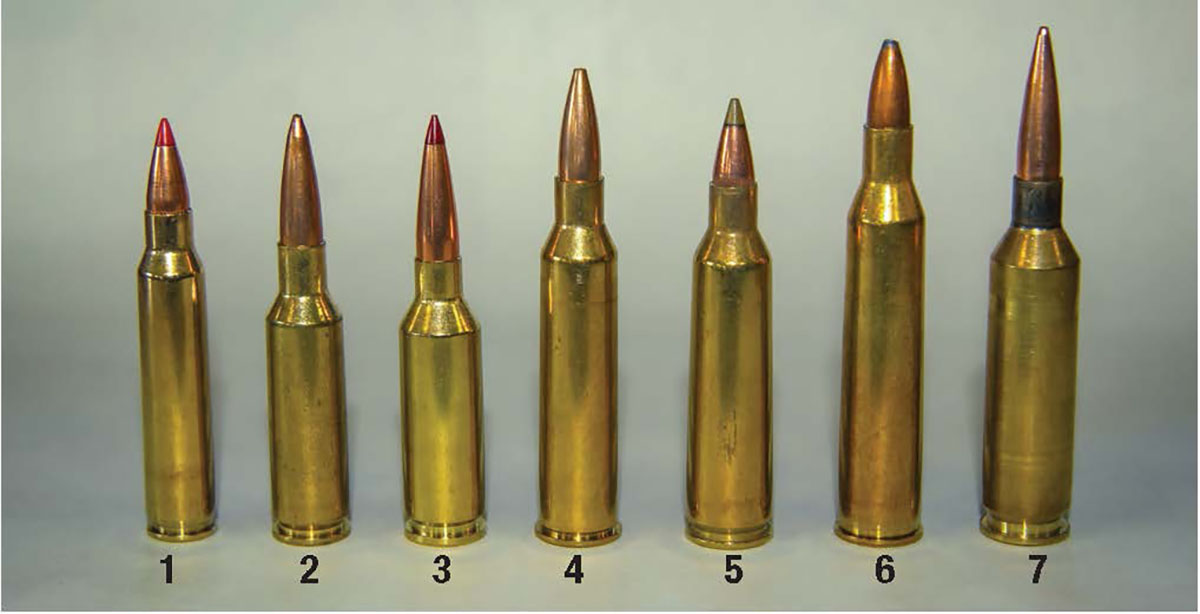 Shown for size comparison: (1) the 223 Remington, (2) 224 Valkyrie, (3) 22 ARC, (4) the 225 Winchester under discussion here, (5) 22-250 Remington, (6) 220 Swift and (7) 22 Creedmoor.